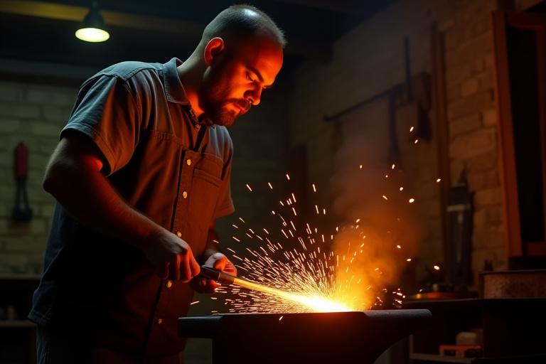 Smed i arbeid med metall i et verksted, gnister flyr og varme farger dominerer scenen.