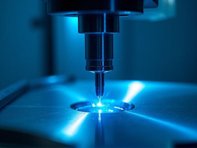 En CNC-maskin som arbeider med en metallkomponent med høy presisjon, blått lys fra maskinen